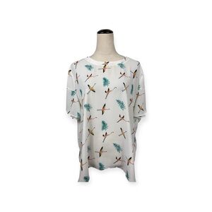LOFT Ann Taylor white top with flying flamingo and palm leaf print size XL